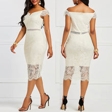 Load image into Gallery viewer, Robe Midi Épaules Dénudées en Dentelle Ajourée
