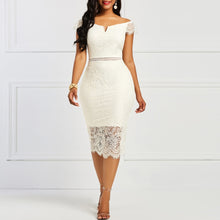 Load image into Gallery viewer, Robe Midi Épaules Dénudées en Dentelle Ajourée
